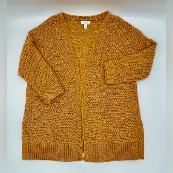 Olivia Sky 3/4 sleeve ribbon-yarn open weave crocheted cardigan - Picture 1 of 11